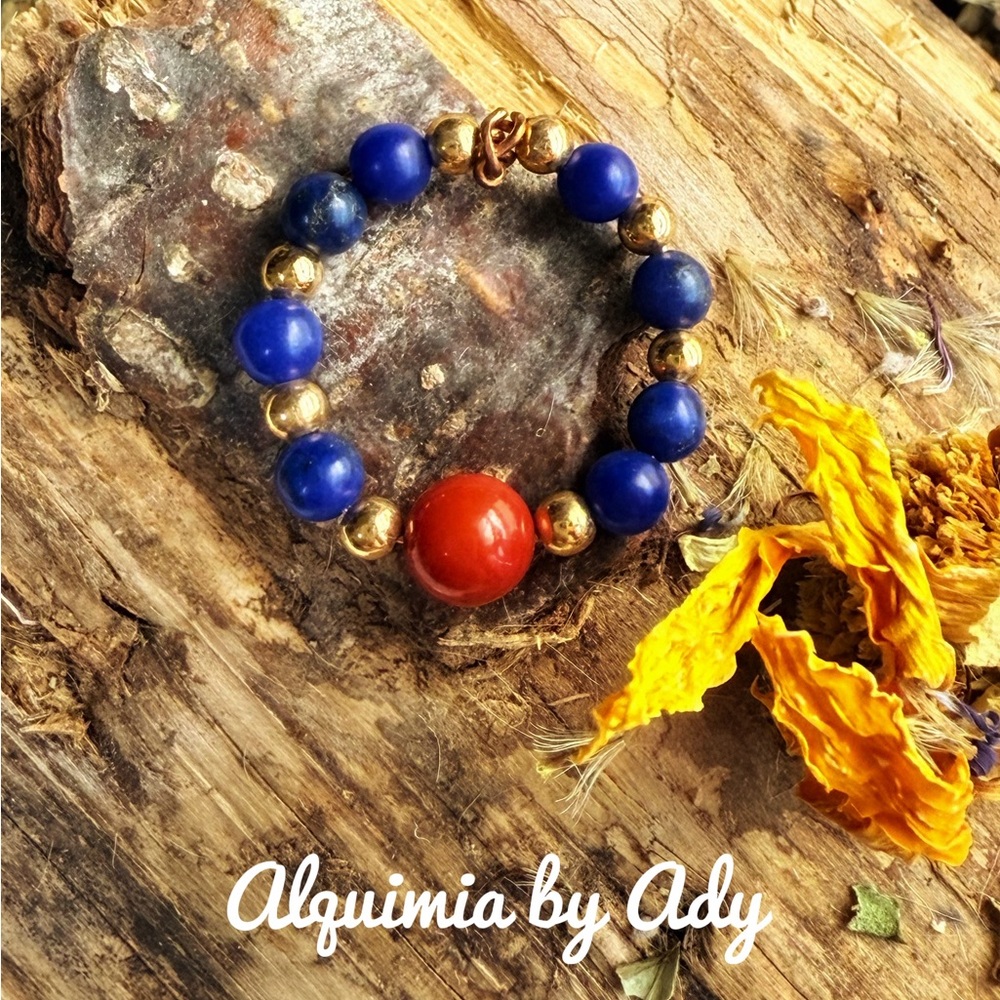 Lapis lazuli and coral beaded ring - Picture 2 of 2